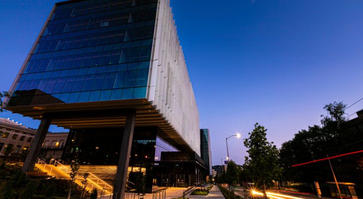 Photo of the Hans Rosling Center for Population Health, University of Washington at dusk