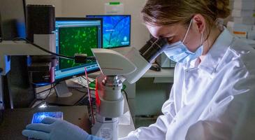 Graduate research assistant Kate Crawford conducts research in the Bloom Lab at Fred Hutch, which pivoted to COVID-19 research since the pandemic swept into Washington state in early 2020.