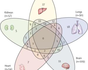 Venn diagram showing overlap of organ abnormalities on MRI after COVID hospitalization