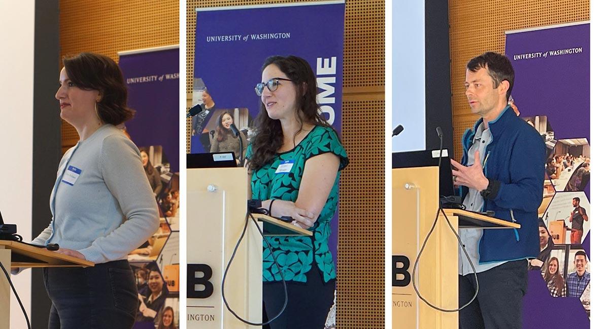 Three shot showing photos of 3 different speakers at podium